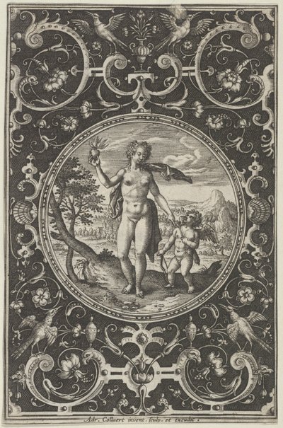 Vénusz és Ámor díszkeretben groteszkekkel, a párizsi ítéletből..., 1580-1600. alkotó: Adriaen Collaert