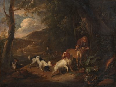 Vadász vadászkutyákkal az erdő szélén alkotó: Adriaen Cornelisz Beeldemaker