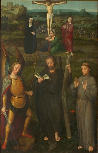 A keresztre feszítés Szent Mihály arkangyallal, Andrással és Assisi Ferenccel, c. 1510. alkotó: Adriaen Isenbrant