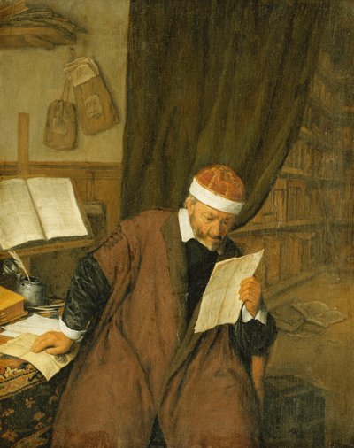 Egy ügyvéd az íróasztalnál ül, levelet olvas, a könyvtáron túl, 1668 alkotó: Adriaen Jansz. van Ostade