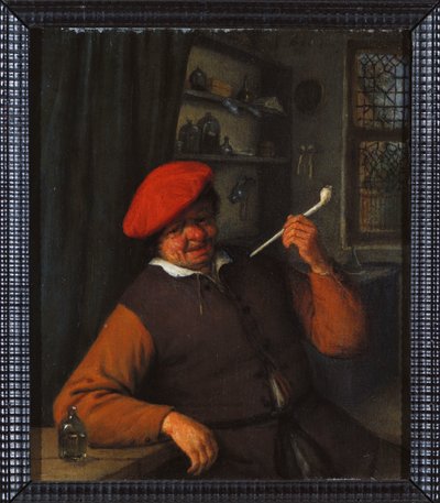 Egy paraszt vörös svájcisapkóban pipázik, egy belső térben alkotó: Adriaen Jansz. van Ostade