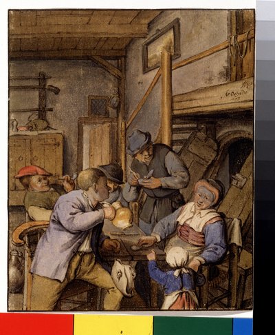 A fogadóban (Egy kocsmában). Parasztok dohányoznak és isznak az asztalnál egy pince bejárata előtt. Adriaen Jansz Van Ostade (1610-1685) festménye, 1667 körül. Holland festészet. Ceruza, ecset és akvarell papíron. Puskin Múzeum, Moszkva alkotó: Adriaen Jansz. van Ostade