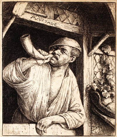 Baker megszólaltatja a kürtjét, 1670 körül alkotó: Adriaen Jansz. van Ostade