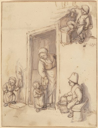 Tanulmányi lap egy anyával és lányával a bejárati ajtóban, két fiú ülve. 1660-as évek alkotó: Adriaen Jansz. van Ostade