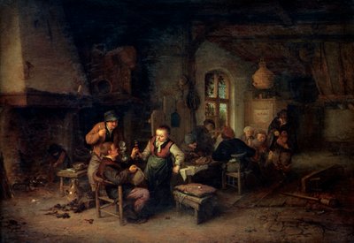 Egy fogadó belseje kilenc paraszttal és egy Hurdy-Gurdy játékossal, 1653. alkotó: Adriaen Jansz. van Ostade