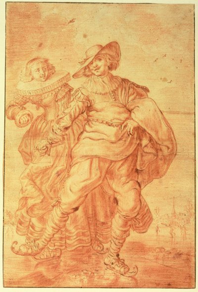 Egy hölgy és úriember korcsolyázik a jégen, 1625 körül (piros kréta papíron) alkotó: Adriaen Pietersz van de Venne