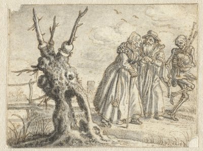 Idős férfi és nő szívesen követi a halált dudán alkotó: Adriaen Pietersz van de Venne