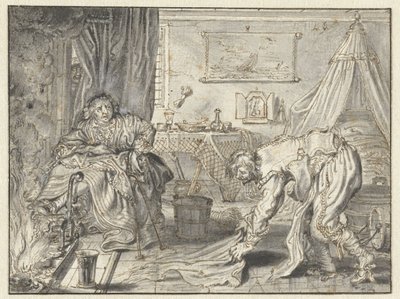 Férfi takarítja a padlót, miközben a felesége ül a kandalló mellett alkotó: Adriaen Pietersz van de Venne