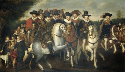 Maurice herceg, két testvére, V. Frigyes nádor választófejedelem és Nassau grófjai kíséretében lóháton, 1625 körül alkotó: Adriaen Pietersz van de Venne