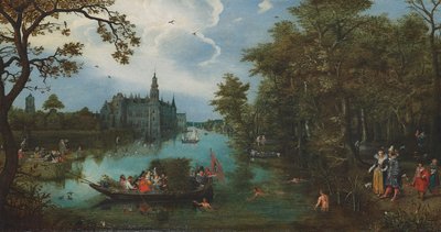 Nyári táj csónakázó társasággal és fürdőzőkkel alkotó: Adriaen Pietersz. van de Venne