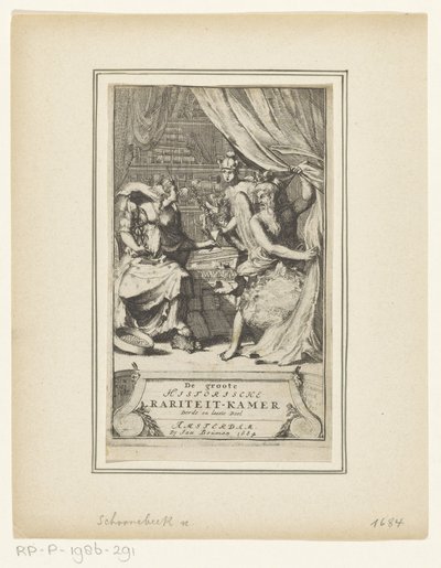 Allegorikus ábrázolás atya idővel, Merkúrral és bölcsességgel A kíváncsiság nagy történelmi szobája harmadik és utolsó kötet (cím a tárgyon) Címlap: Simon de Vries, A hozzáértő elmék legnemesebb időbeli kedvezménye vagy A nagy történelmi rar alkotó: Adriaen Schoonebeek