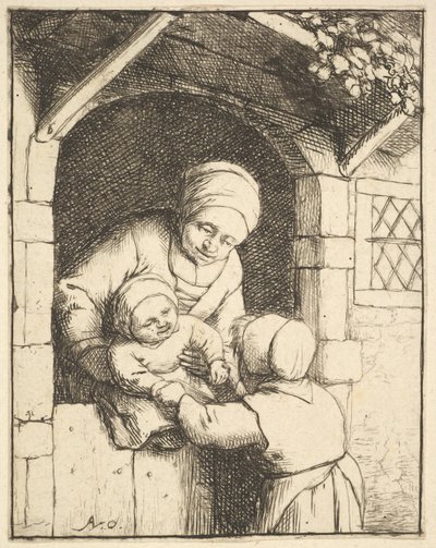 Kislány játszik egy babával az anyja karjában, 1610-85. alkotó: Adriaen van Ostade