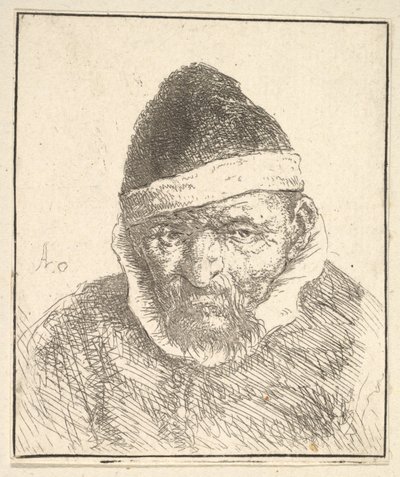 Öregember fehér gallérral és hegyes kalappal alkotó: Adriaen van Ostade