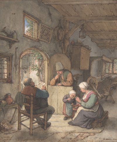 Hírek olvasása a Takácsháznál, 1673. alkotó: Adriaen van Ostade