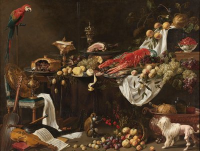bankett csendélet Pronk csendélet papagájjal, kutyával és majommal alkotó: Adriaen van Utrecht