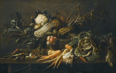 Csendélet articsóka, spárga, zöldkáposzta, hagyma, bab, sárgarépa és más zöldségek, mindez egy fapadon. alkotó: Adriaen van Utrecht