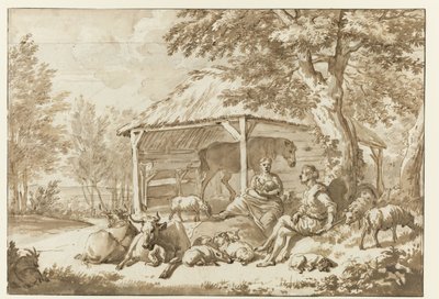 Pásztor pár szarvasmarhával egy istálló közelében Herdersidylle alkotó: Adriaen van de Velde