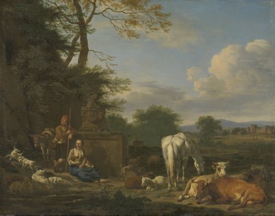 Árkádiai táj pihenő pásztorokkal és állatokkal, 1664 (olaj, vászon a táblán) alkotó: Adriaen van de Velde