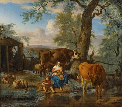Szarvasmarha szoptató nő és gyermek játszik egy kutyával alkotó: Adriaen van de Velde