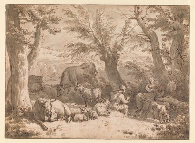Táj pásztorral, pásztorlánnyal és jószággal alkotó: Adriaen van de Velde