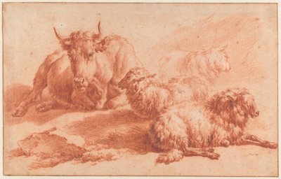 Fekvő tehén és három juh alkotó: Adriaen van de Velde