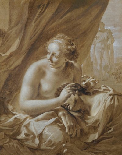 Miközben Sámson Delila ölében alszik, a lány int az ellenségeinek, hogy jöjjenek közelebb, és vágják le a haját (Bírák 16:19). alkotó: Adriaen van der Werff