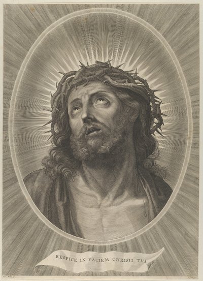 Töviskoronával felnéző Krisztus feje, ovális keretben, Reni után, kb. 1..., kb. 1653-67. alkotó: Adrian van Melar