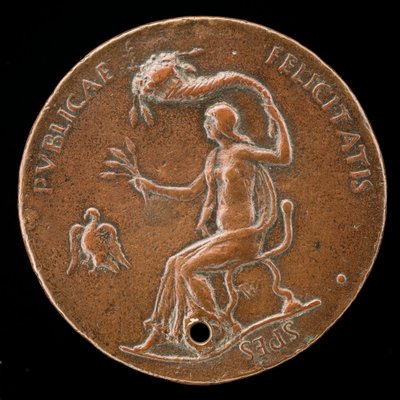 Felicitas ül, kalászokat tart és hullámos bőségszarukat [fordítva], 1494 vagy korábban. alkotó: Adriano Fiorentino