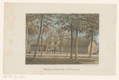 Kilátás a szőnyeg- és jutaszövő malomra Willemsoordban Gyékény- és jutaszövőmalom Willemsoordban (cím a tárgyon) alkotó: Adrianus Hidde Heremiet Voorhorst (possibly)
