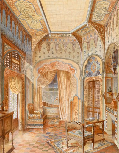 Mór stílusú fürdőszobabelső, illusztráció a "La Decoration Interieure"-ből, 1893-94 körül (színes litó) alkotó: Adrien (after) Simoneton