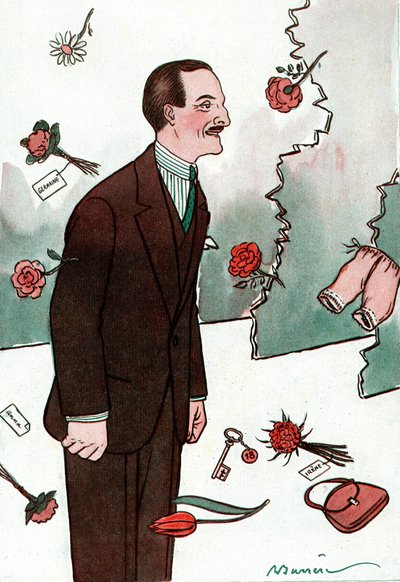 Victor Boucher francia komikust (1877-1942) ábrázoló rajzfilm – Adrien Barrere (1877-1931) rajza a Fantasio-ból alkotó: Adrien Barrere