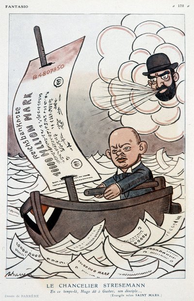 Karikatúra Gustav Stresemann német kancellárról (1878-1929) és a védjegy leértékelődéséről – Adrien Barrere (1877-1931) illusztrációja az 1923.11.01. „" Fantasio"-ban alkotó: Adrien Barrere
