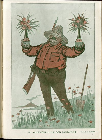 Illusztráció: A Barrere (1874-1931) in "" Fantasio"", 01/06/15 - Mr. Salandra avagy a jó kertész - 14-18-as háború, Olaszország, bor, semlegesség, virágok, vulkánkitörések, elnöke a Tanács, Trieszt – Salandra Antonio alkotó: Adrien Barrere