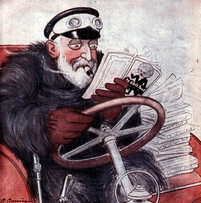 VII. Edward angol király (1841-1910) portréja, aki autóját vezeti. A. Barrère rajza. "Mindent tudok." alkotó: Adrien Barrere