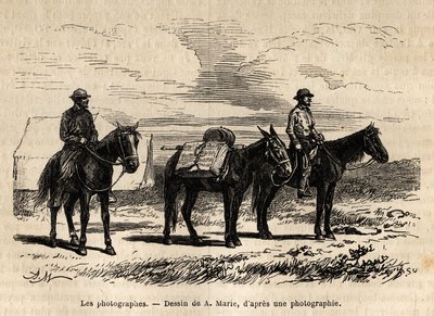 Az amerikai geológiai küldetés fotósai, lóháton, gondosan becsomagolt anyagok, új szakaszra készen, A.Marie rajza után metszett, az Egyesült Államok Nemzeti Parkjában 1870-től 1872-ig terjedő földrajzi küldetések sorozatát illusztrálva, alkotó: Adrien Emmanuel Marie