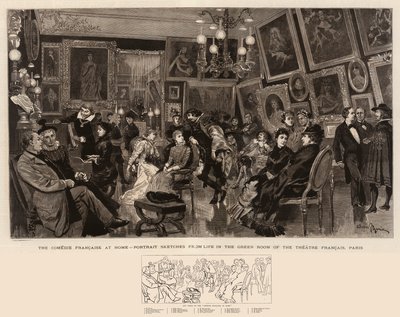 A Comedie Francaise otthon, portrévázlatok az életből a párizsi Theatre Francais zöld szobájában, Párizsban alkotó: Adrien Emmanuel Marie