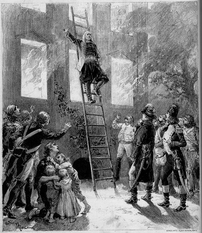 Színházi ábrázolás: "" Kilencvenhárom"" ("Kilencvenhárom"), Paul Meurice (1818-1905), Victor Hugo (1802-1885). A Tourgue tüze (10. festmény): de Lantenac márki, miután megmentette Flecharde gyermekeinek életét, megadja magát alkotó: Adrien Emmanuel Marie