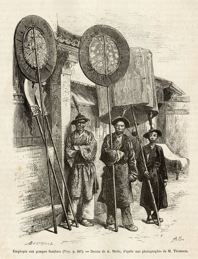 Három temetkezési munkás Pekinben. Metszet A.Marie rajza után a pekini és észak-kínai utazás szemléltetésére, T.Choutze 1873-ban, megjelent a „Le tour du monde”” 1876-ban, szerkesztette Edouard Charton, Hachette kiadás, Párizs. Selva kollekció. alkotó: Adrien Emmanuel Marie