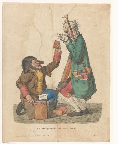 Könyvkereskedő egy vásárlóval az utcán Le Bouquiniste en Jouissance (cím a tárgyon) alkotó: Adrien Victor Auger