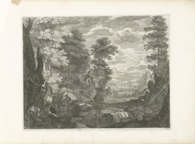 Vízesés egy várossal a háttérben Négy táj Csehországban (sorozat címe) alkotó: Aegidius Sadeler (II) (attributed to)