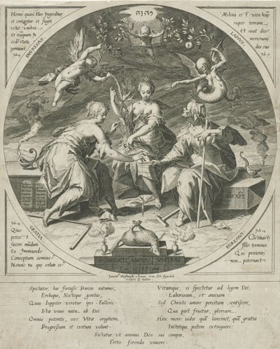 De drie schikgodinnen Rendelkezz a lelkeddel (cím a tárgyon) alkotó: Egidius  Sadeler (II)
