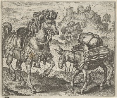 Az elégedetlen szamár és a harci ló meséje alkotó: Egidius  Sadeler (II)