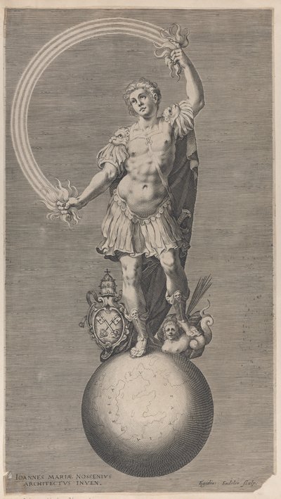 Földgömbön álló harcos allegorikus alakja pápai címerrel a..., kb. 1588-1629. alkotó: Aegidius Sadeler II