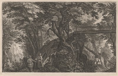 Utazók, akik egy hegyi erdőben pihennek egy rönkhíd mellett alkotó: Aegidius Sadeler II after Pieter Stevens