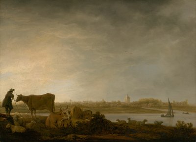 Vianen látképe egy pásztorral és szarvasmarhákkal a folyó mellett alkotó: Aelbert Cuyp