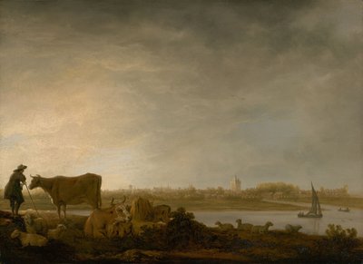 Vianen látképe egy folyó menti pásztorral és szarvasmarhákkal, 1643-45 körül (olaj, tábla) alkotó: Aelbert Cuyp