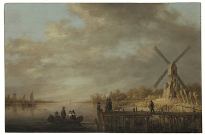 Folyami tájkép szélmalommal, előtérben evezős csónakban és mólón ülő emberek (olaj, tábla) alkotó: Aelbert Cuyp