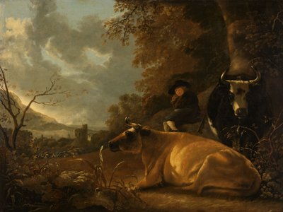 Tájkép tehenekkel és egy fiatal pásztorral alkotó: Aelbert Cuyp
