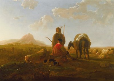 Két pásztor egy dombos tájban alkotó: Aelbert Cuyp