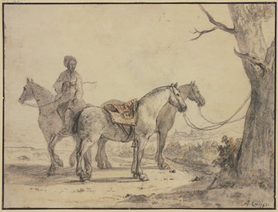 Két felnyergelt ló fához kötve, mellettük egy lovas alkotó: Aelbert Cuyp